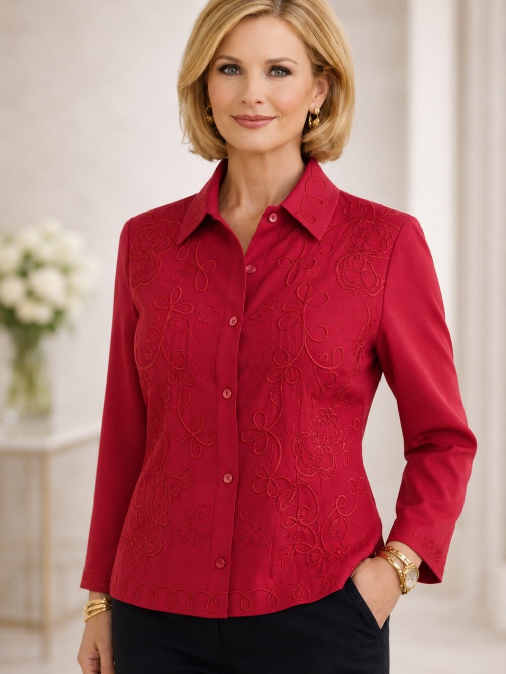 Vtg Red silk Blouse/Blazer scroll work Office Siren button up Long Sleeves Sz M